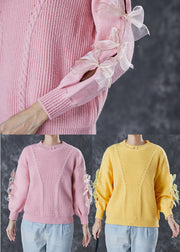 Yellow Patchwork Bow Knit Pullover Thick Winter