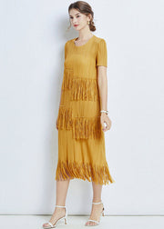 Yellow Patchwork Chiffon Loose Long Dresses O Neck Tasseled Summer