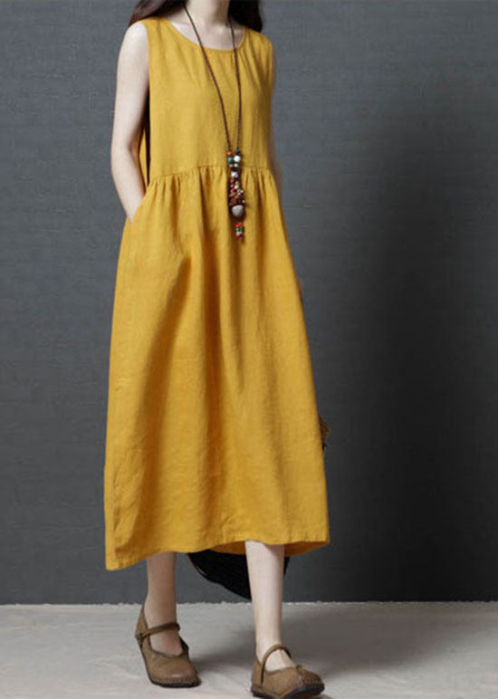 Yellow Patchwork Cotton Long Dress O Neck Wrinkled Sleeveless