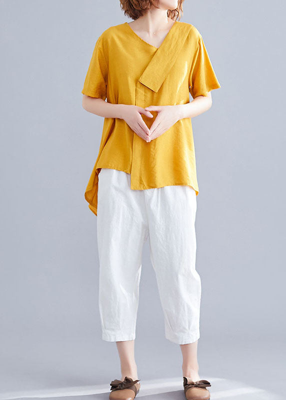 Yellow Patchwork Cotton T Shirts Asymmetrical V Neck Short Sleeve