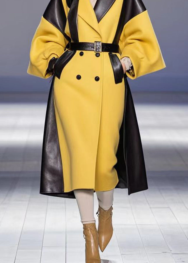 Yellow Patchwork Faux Leather Woolen Trench Double Breast Fall