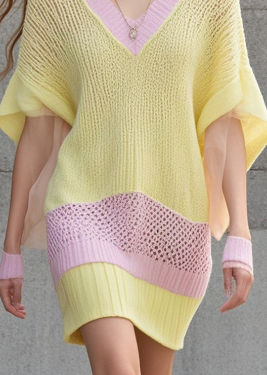 Yellow Patchwork Knit Long Sweater Hollow Out Fall