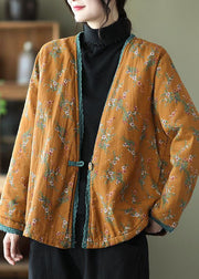 Yellow Patchwork Lace Fine Cotton Filled Cardigan V Neck Print Winter