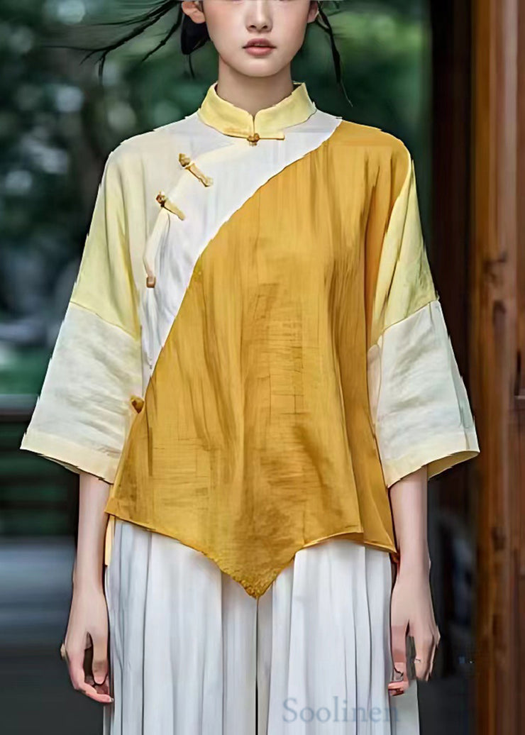 Yellow Patchwork Linen Chinese Style Top Asymmetrical Design Summer