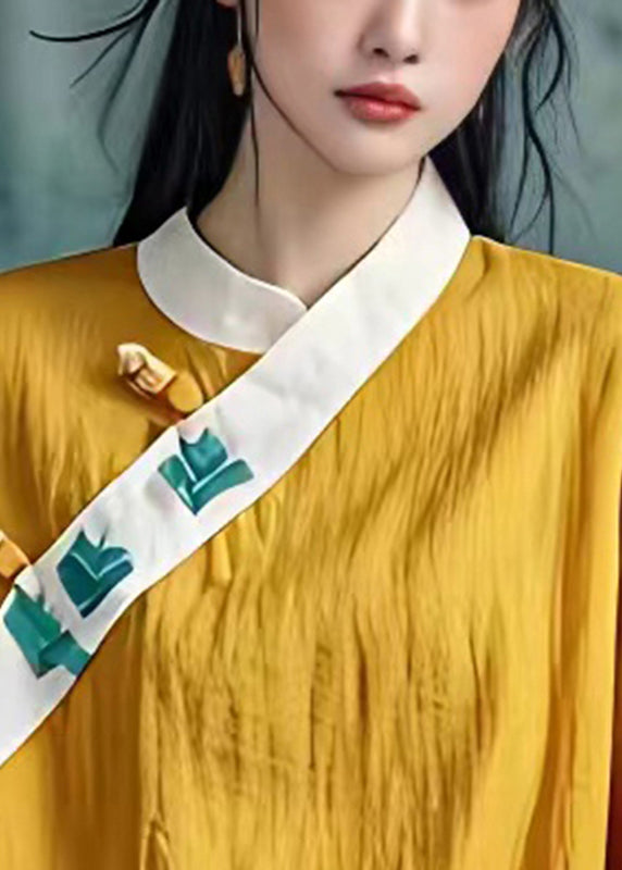 Yellow Patchwork Linen Shirt Tops Chinese Button Summer