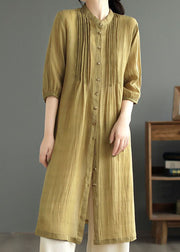 Yellow Patchwork Linen Shirts Dresses Stand Collar Button Summer