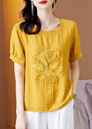 Yellow Patchwork Linen T Shirt Embroideried Wrinkled Summer