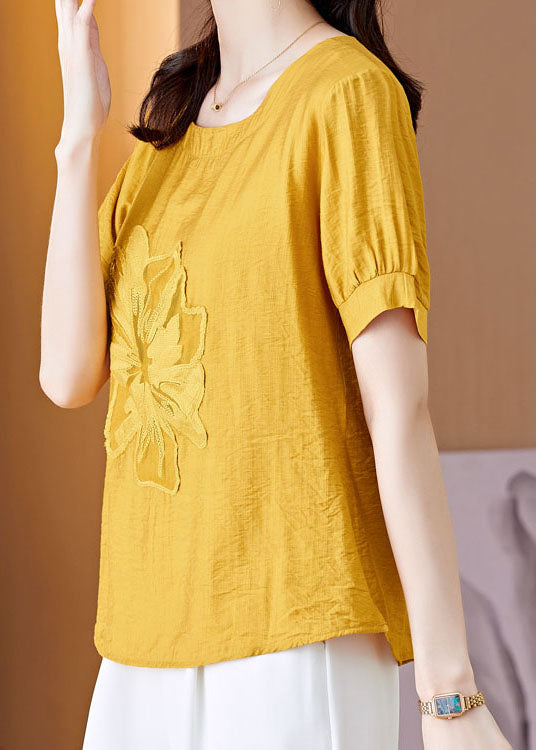 Yellow Patchwork Linen T Shirt Embroideried Wrinkled Summer