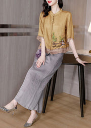 Yellow Patchwork Linen Two Pieces Set Stand Collar Embroideried Summer