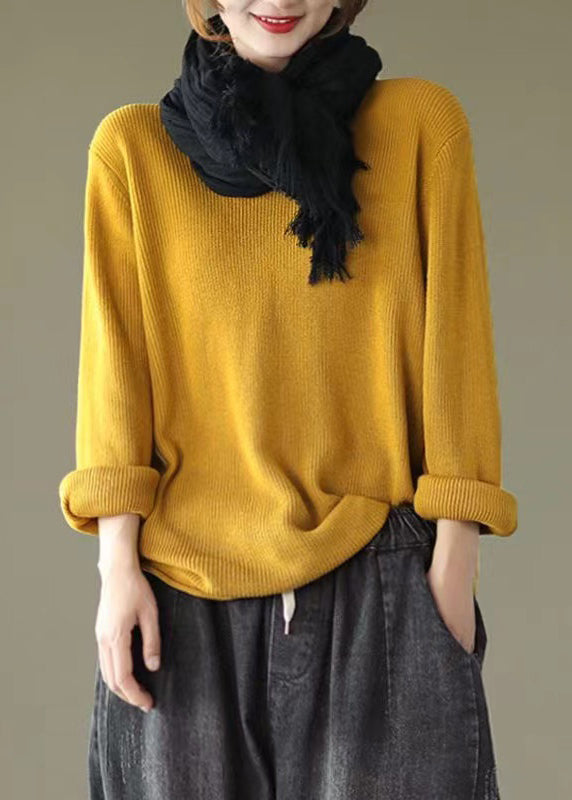 Yellow Patchwork Loose Knitting Tops Cotton V Neck Fall