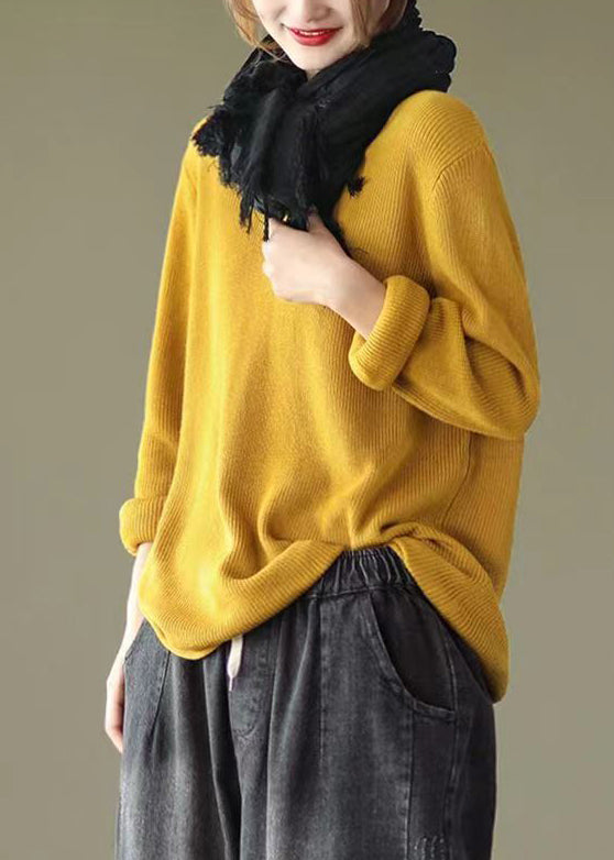 Yellow Patchwork Loose Knitting Tops Cotton V Neck Fall