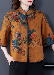 Yellow Patchwork Print Silk Shirt Top Chinese Button Spring