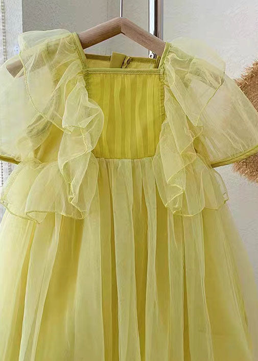 Yellow Patchwork Tulle Baby Girls Princess Dresses Wrinkled Summer