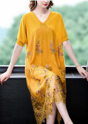 Yellow Patchwork Tulle Dresses Embroideried V Neck Summer