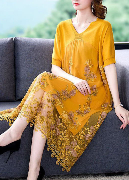 Yellow Patchwork Tulle Dresses Embroideried V Neck Summer