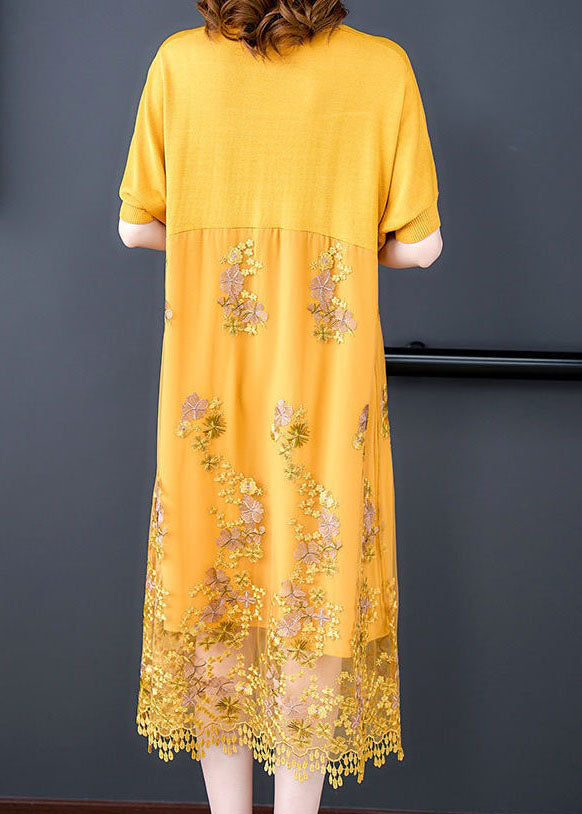 Yellow Patchwork Tulle Dresses Embroideried V Neck Summer