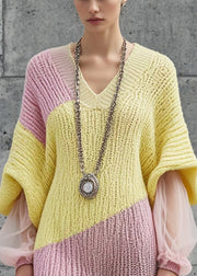 Yellow Patchwork Tulle Sweater Dress V Neck Batwing Sleeve