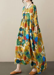 Yellow Patchwork Wrinkled Vacation Maxi Dresses Half Sleeve