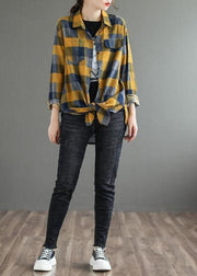 Yellow Plaid Cotton Blouse Top Peter Pan Collar Long Sleeve