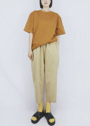 Yellow Plaid Print Cotton Harem Pants Elastic Waist Pockets Summer