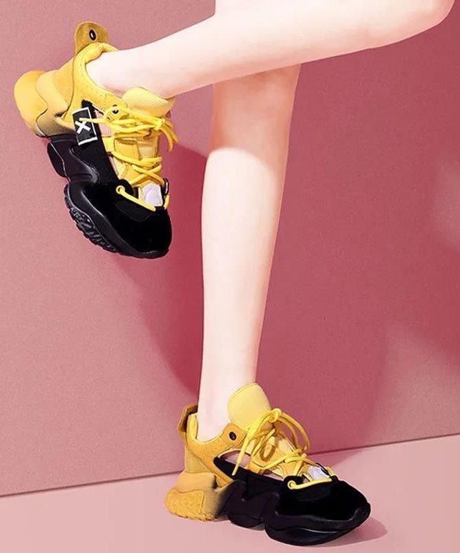 Yellow Platform Sport Shoes Suede Women Splicing Lace Up Breathable Mesh