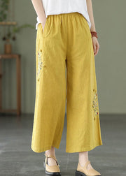 Yellow Pockets Cotton Wide Leg Pants Elastic Waist