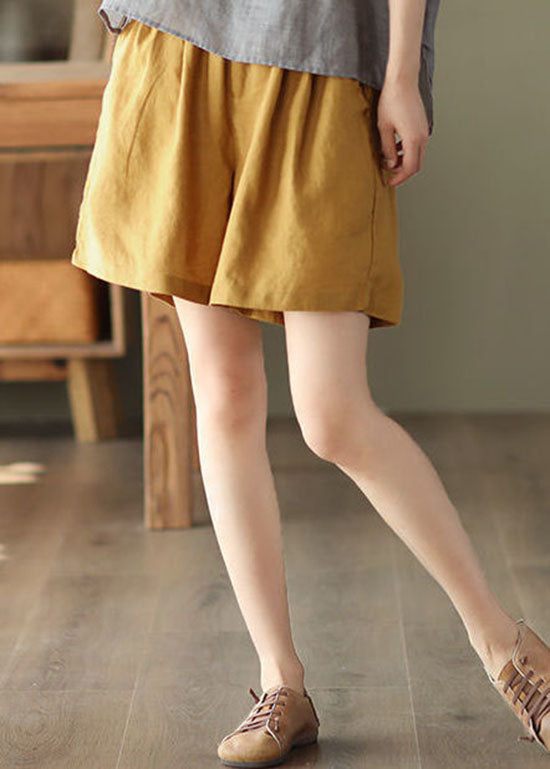 Yellow Pockets Elastic Waist Linen Shorts Summer