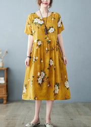 Yellow Pockets Patchwork Cotton Dress O Neck Drawstring Summer