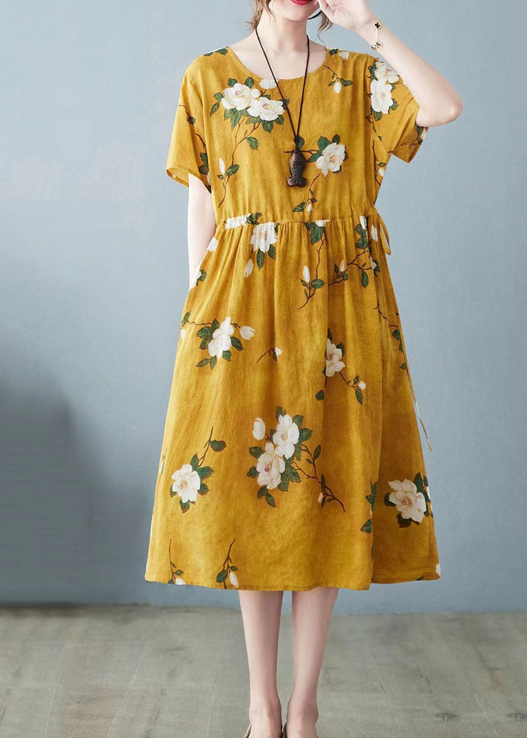 Yellow Pockets Patchwork Cotton Dress O Neck Drawstring Summer