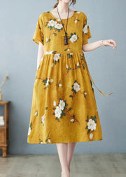 Yellow Pockets Patchwork Cotton Dress O Neck Drawstring Summer