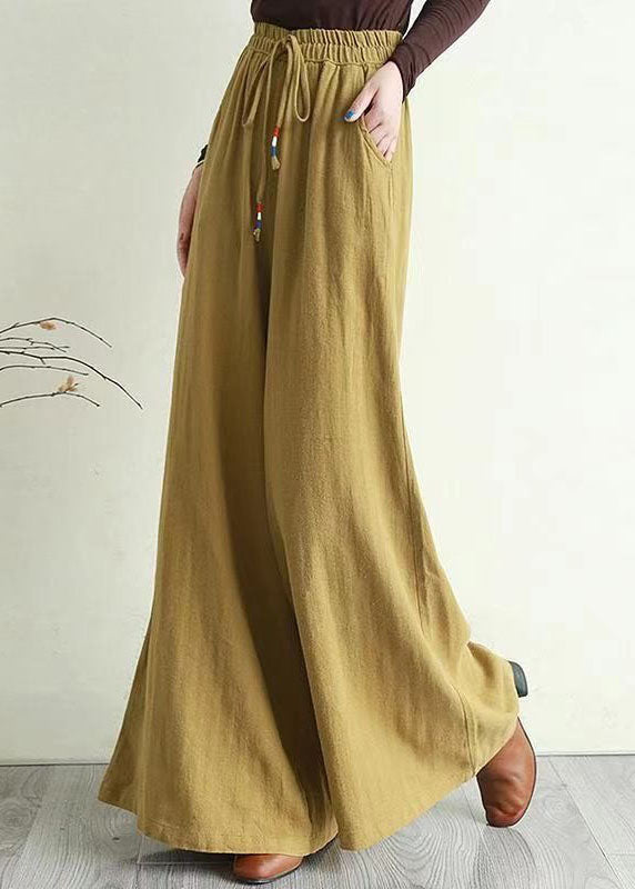 Yellow Pockets Patchwork Cotton Wide Leg Pants Spring