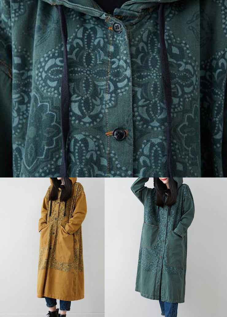 Yellow Pockets Patchwork Print Denim Hooded Long Coat Spring