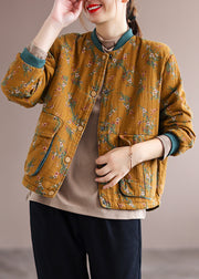 Yellow Pockets Print Patchwork Fine Cotton Filled Jacket Winter