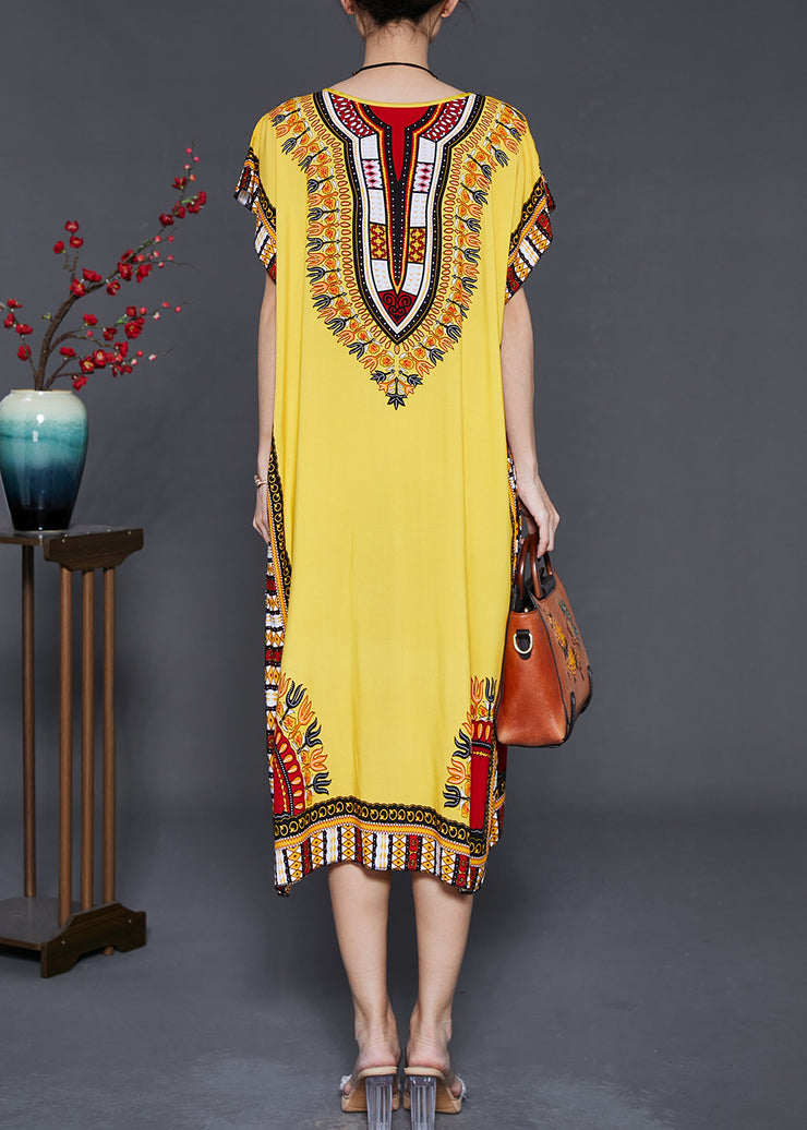 Yellow Print Chiffon Holiday Dress Oversized Summer