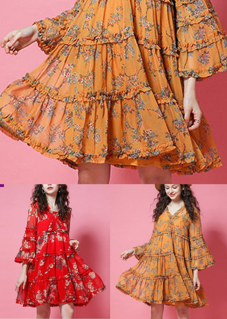 Yellow Print Chiffon Holiday Dresses Ruffled Lantern Sleeve