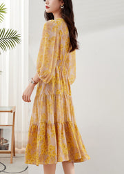 Yellow Print Chiffon Maxi Dresses Exra Large Hem Bracelet Sleeve