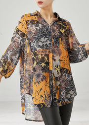 Yellow Print Chiffon Shirt Tops Oversized Draping Spring