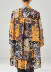 Yellow Print Chiffon Shirt Tops Oversized Draping Spring