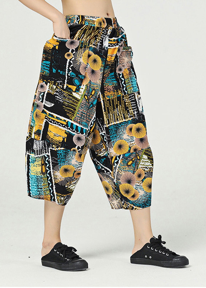 Yellow Print Cotton Harem Pants Elastic Waist Oversized Summer