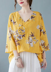 Yellow Print Cotton Shirts V Neck Chinese Button Summer