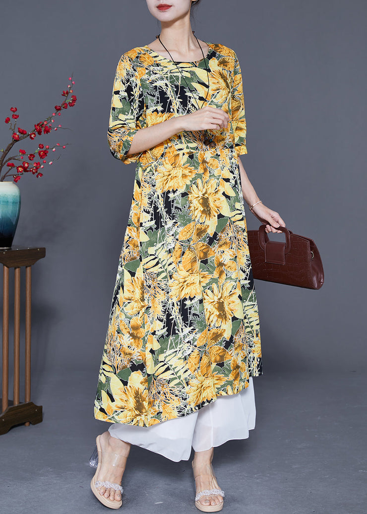 Yellow Print Cotton Vacation Dresses Oversized Summer