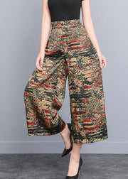 Yellow Print Elastic Waist Silk Wide Leg Pants Summer