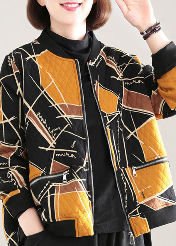 Yellow Print Fine Cotton Filled Womens Parka Stand Collar Zip Up Winter