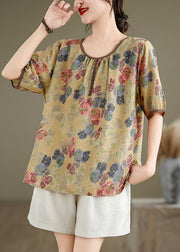 Yellow Print Loose Linen T Shirts O Neck Short Sleeve