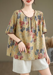 Yellow Print Loose Linen T Shirts O Neck Short Sleeve