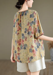 Yellow Print Loose Linen T Shirts O Neck Short Sleeve