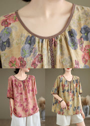 Yellow Print Loose Linen T Shirts O Neck Short Sleeve