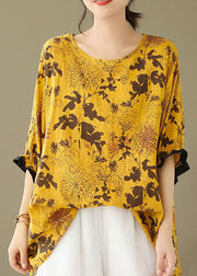 Orange yellow- floral Print Patchwork Cotton Loose Tops O Neck Summer