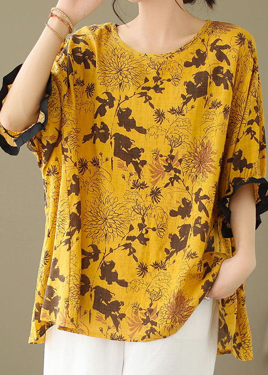 Grey-sunflower Print Patchwork Cotton Loose Tops O Neck Summer