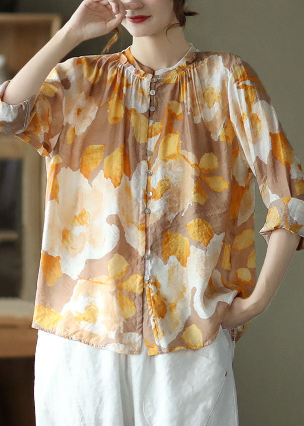 Yellow Print Patchwork Cotton Shirt Tops Wrinkled Long Sleeve